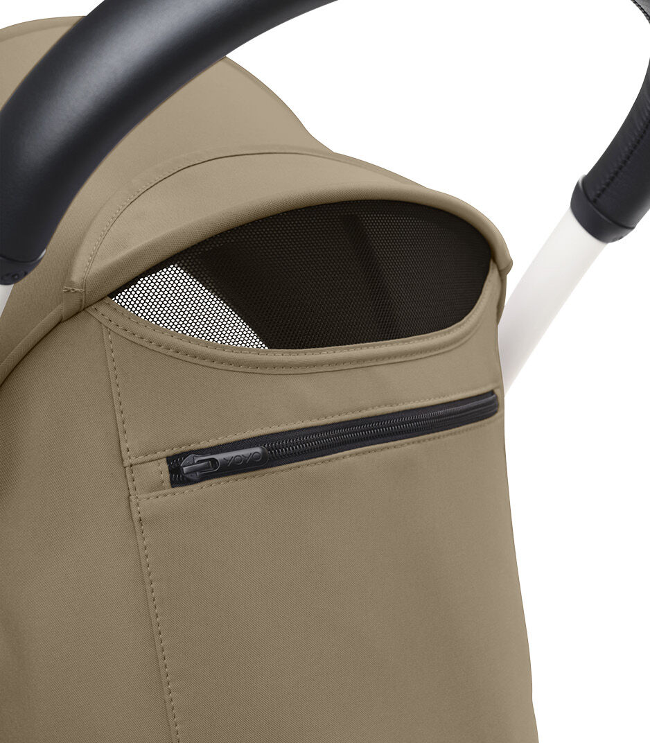 Stokke® YOYO3® 6+ Toffee. White Frame. Canopy ventilation open, close-up. galery image 4